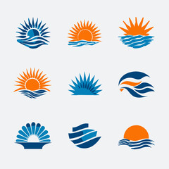 Obraz premium Abstract sun and wave vector icons set. Sunrise, sunset, ocean, sea graphic elements for travel, summer, cruise, vacation logos and designs.
