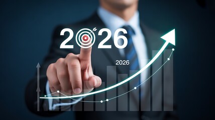 Naklejka premium Businessman points to 2026 on a screen with a rising graph, indicating future business projections.