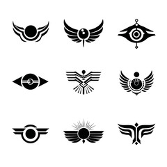 Fototapeta premium Abstract graphic design logos and emblems featuring stylized wings, eye symbols, and geometric shapes; a modern vector collection for branding.