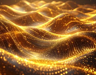 Abstract golden wave-like flowing pattern with glowing particles
