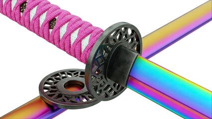 Rainbow Katana with Pink Handle and Ornate Tsuba