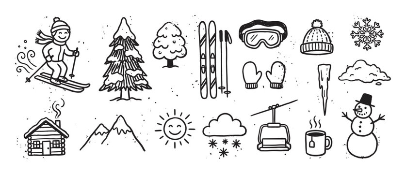 Collection of black and white winter sport doodles featuring a skier, snowman, ski lift, and snowy trees, hand-drawn in a charming, rustic line art style with a speckled texture