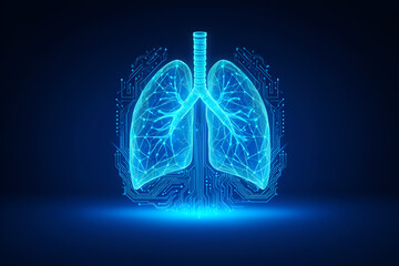 Glowing blue digital lungs with circuit board elements technology