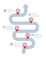 Business roadmap infographic with 5 numbered steps for success and goal.