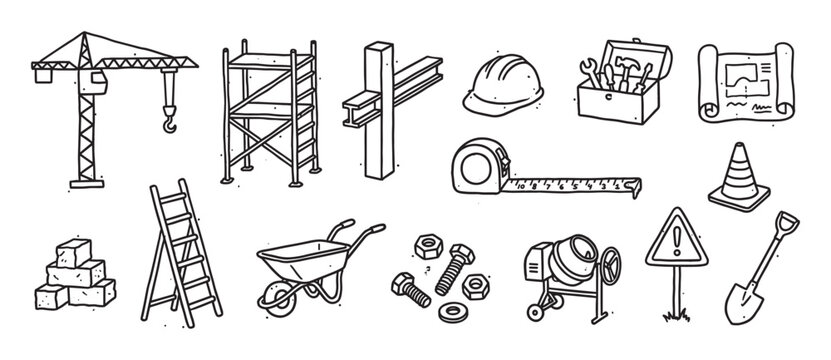 Collection of hand-drawn construction icons featuring a crane, scaffolding, hard hat, and tools in a simple black and white doodle style for building and engineering themes