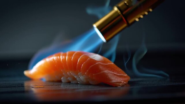 Torching salmon sushi
