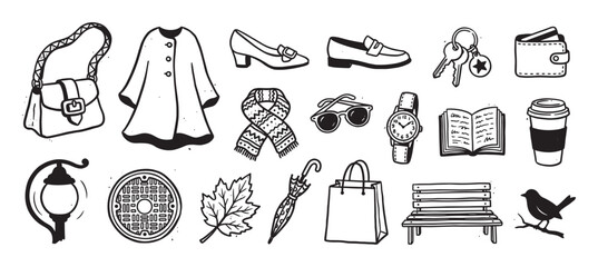 Obraz premium Set of hand-drawn doodle icons featuring autumn fashion accessories and city life elements like a coat, scarf, coffee cup, and park bench in a simple black and white sketch style
