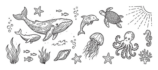 Naklejka premium Charming set of hand-drawn sea creatures and marine life illustrations in a cute doodle style, featuring a whale, dolphin, turtle, octopus, jellyfish, and seahorse for creative projects