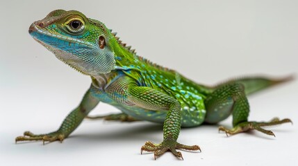 Obraz premium Full body chameleon shown from the side, isolated on a white background with natural detail.