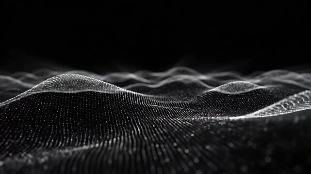 Abstract dark background with glowing particles forming a wavy surface, modern design.