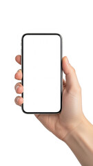 Hand holding smartphone isolated on transparent background