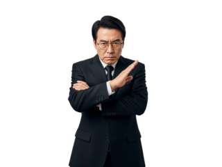 Serious Asian businessman making a stop gesture with crossed arms