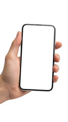 Hand holding smartphone isolated on transparent background