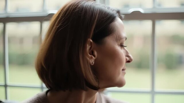 Thoughtful Mature Stepmother Sitting Indoors in Natural Light
