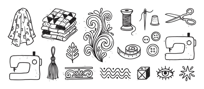Set of hand-drawn sewing and tailoring icons including a machine, thread, scissors, and buttons in a black and white doodle style illustration for handmade crafts