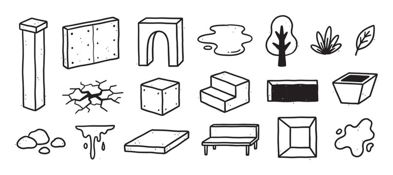 Hand-drawn doodle icon set of city park elements including a bench, concrete blocks, an arch, and trees, illustrated in a simple black and white sketch style for creative projects