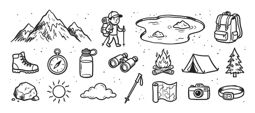 Set of hand-drawn hiking and camping equipment icons in a black and white doodle style, including a mountain, backpacker, tent, campfire, map, and compass for adventure concepts
