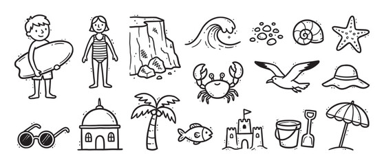Obraz premium Collection of hand-drawn beach vacation icons featuring a surfer, crab, sandcastle, palm tree, and other summer elements in a simple black and white doodle line art style