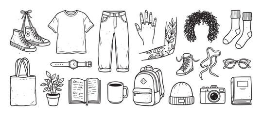 Obraz premium Collection of hand-drawn doodle illustrations featuring casual clothing, accessories, and everyday objects like sneakers, jeans, a backpack, a camera, and a book in a simple line art style