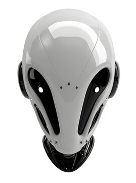 Sleek futuristic white robot head design with minimalist alien-like features and empty eye sockets isolated on transparent background