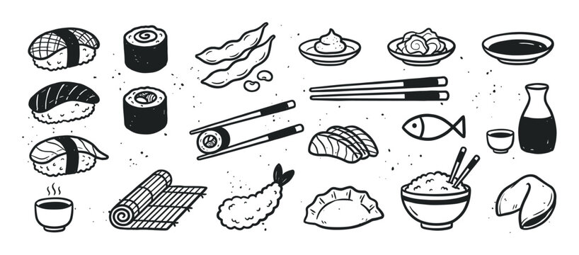 Set of hand-drawn Asian food icons featuring sushi, rolls, tempura, gyoza, and sake in a rustic black and white sketch style with various cuisine elements