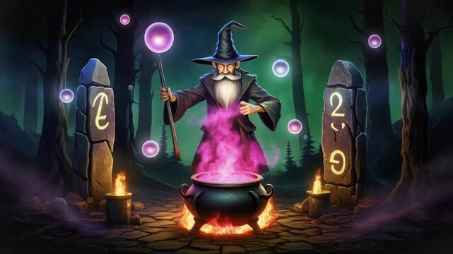A wizard mixes a glowing potion in a cauldron surrounded by stones in a dark forest.