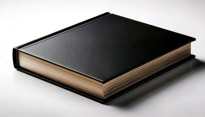Closed black book with aged pages on white surface.