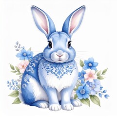 Obraz premium Beautiful Chinoiserie Blue Floral Pattern Rabbit with Spring Flowers Watercolor Illustration Isolated on White