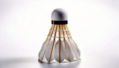 Close-up of a badminton shuttlecock against a white background.