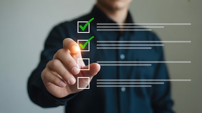 Man's hand marking items on a digital checklist with a glowing stylus, indicating completion.