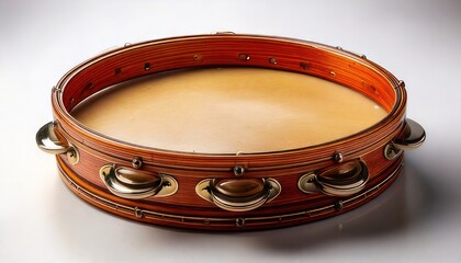 Close-up of a brown wooden tambourine with skin head.