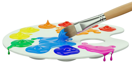 Paintbrush with Brightly Colored Paints on a Palette