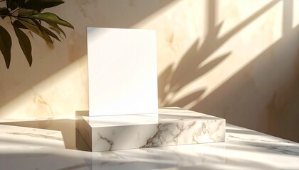 Minimalist Product Display Stage with Marble Pedestal and Leaf Shadow Overlay