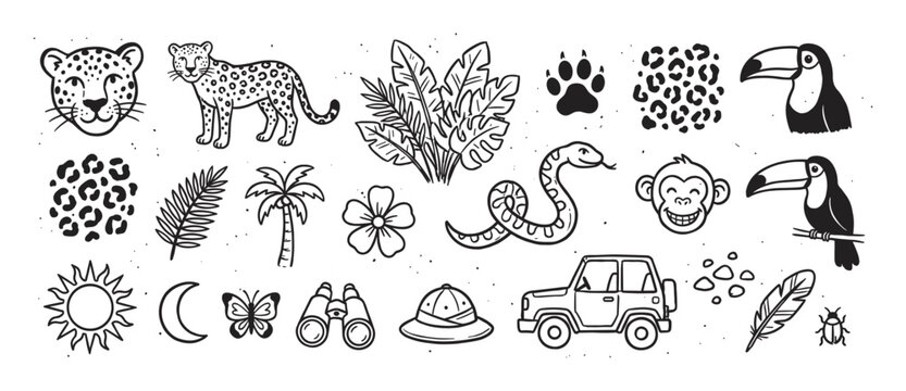 Set of hand-drawn jungle safari doodle illustrations featuring a leopard, toucan, monkey, snake, and various tropical plants and adventure elements in a cute black and white line art style