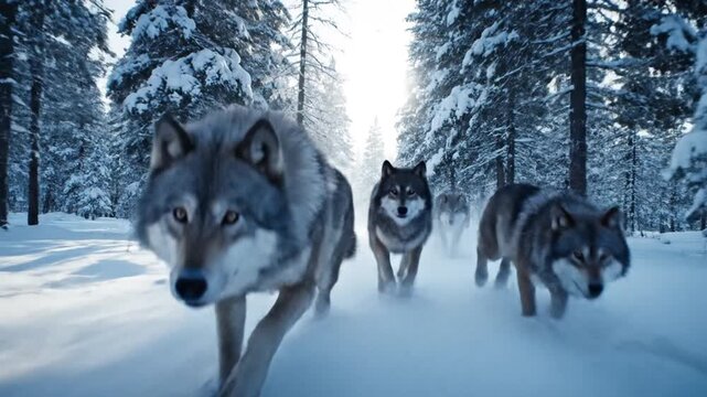 A pack of wolves strolling through a snowy forest during daylight