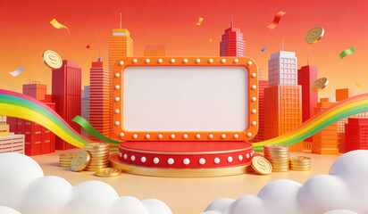 3D Rendered Festive Scene with Blank Marquee Sign, Urban Skyline, Gold Coins, Rainbow and Clouds, Ideal for Promotional, Holiday and Commercial Display Backgrounds