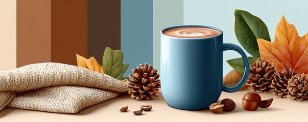 Cozy autumn scene with a blue coffee mug, knitted blanket, leaves, and pinecones