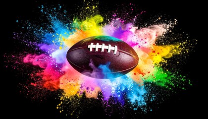 A dark-brown American football rests at the center of an explosion of vibrant, colorful powder, all against a stark black backdrop
