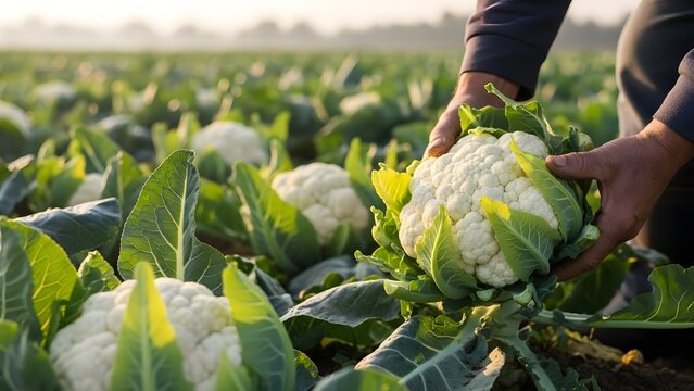 Farmer harvesting cauliflower in a lush green field on a sunny day