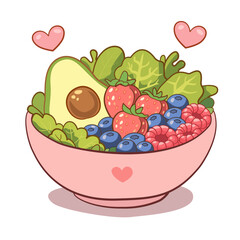 Valentine's Day Healthy Meal Concept - Cute Salad Bowl with Fruits and Hearts. Healthy Fruit and Vegetable Salad in Pink Bowl with Love Hearts - Kawaii Style.