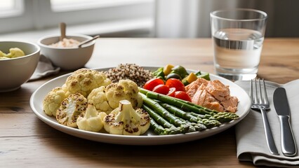 Healthy meal with vegetables and water on a wooden table