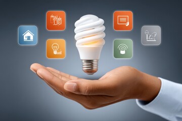 A hand holds an energy efficient light bulb surrounded by smart energy icons and symbols