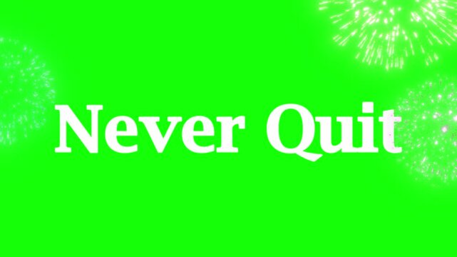Inspiring white text reading never quit flashes across a vibrant green screen background surrounded by celebratory sparkling white fireworks bursts for motivation.