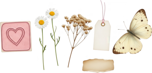 Assortment of delicate scrapbook elements including a white daisy dried flowers a pale yellow butterfly a pink heart stamp and blank paper tags vintage craft nature floral transparent background