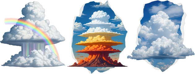 A collection of three distinct cloud formations featuring a rainbow with colorful rain a layered atmospheric storm structure and a large cumulus pileus against blue sky weather transparent background