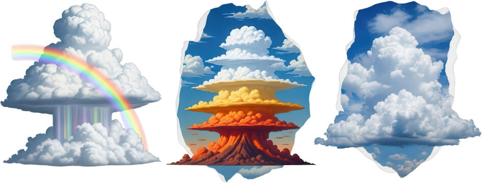 A collection of three distinct cloud formations featuring a rainbow with colorful rain a layered atmospheric storm structure and a large cumulus pileus against blue sky weather transparent background