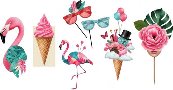 A vibrant collection of tropical photobooth props featuring flamingos ice cream cones sunglasses and floral masks for festive summer events party decoration pink balloon rose transparent background - Powered by Adobe