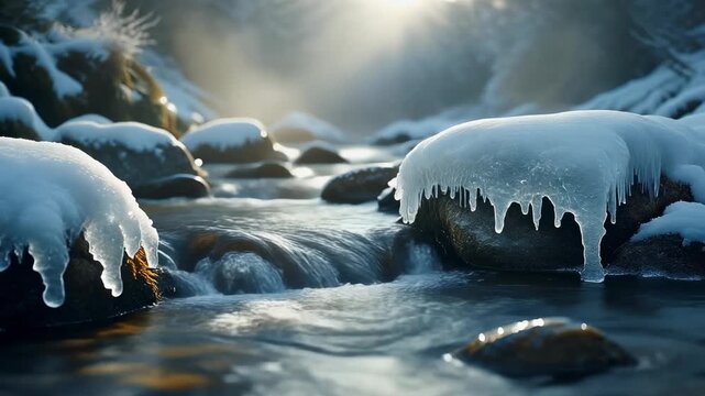 Icy stream flowing over snow-covered rocks at sunrise in a winter landscape