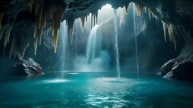 Majestic underground cave with waterfalls flowing into a luminous turquoise pool featuring dramatic light rays and ancient stalactites.