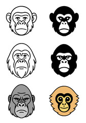 Ape head illustration icon in outline, silhouette, and colored versions